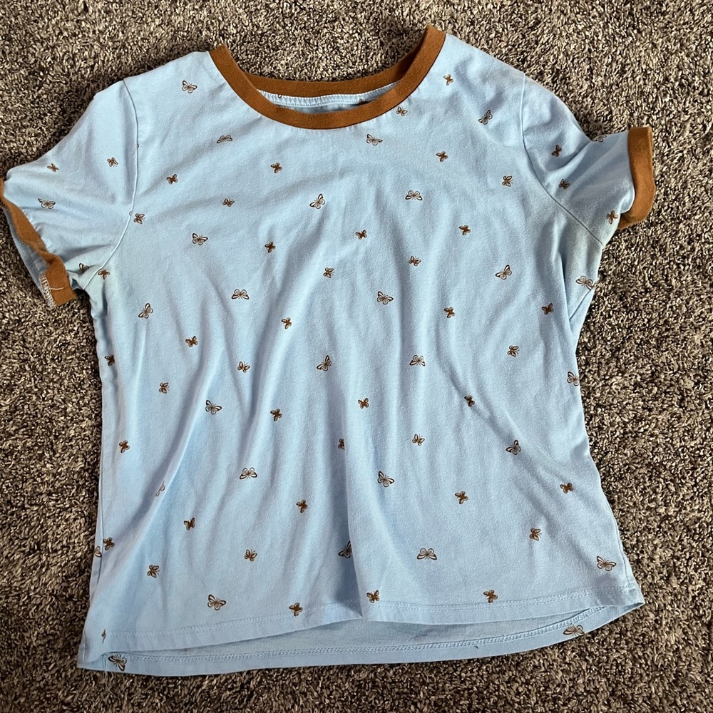 Light Blue T-Shirt with Brown Trim and Butterfly Print